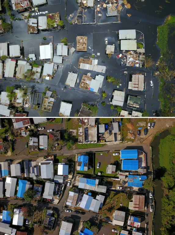 Les dégâts provoqués par l'ouragan Maria à Porto Rico. Un quartier sous les eaux le 22 septembre 2017 et (en-dessous)le même endroit six mois plus tard  [RICARDO ARDUENGO / AFP/Archives]