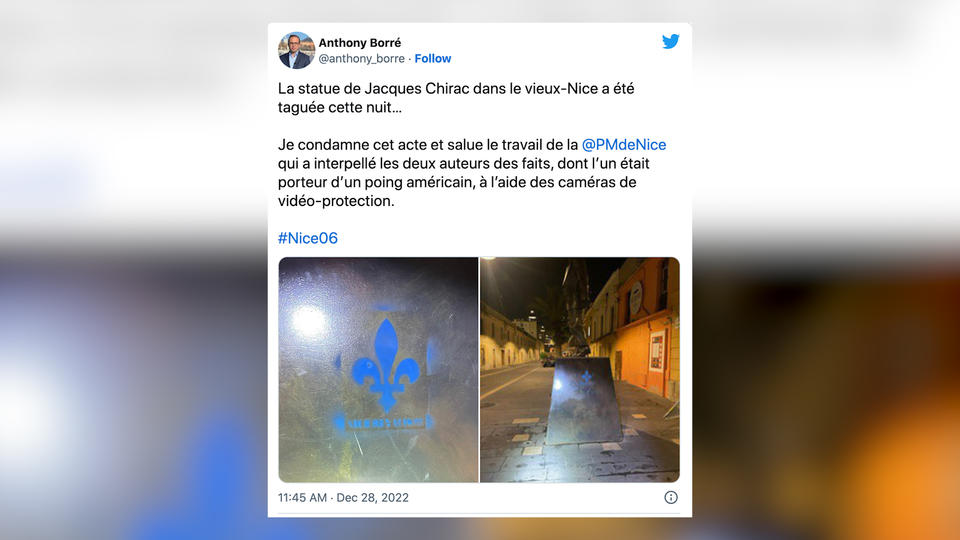 Nice : la statue de Jacques Chirac taguée, une inscription royaliste retrouvée
