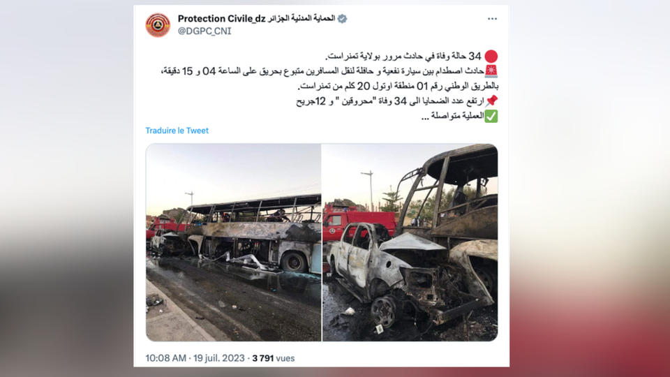 Algérie : 34 personnes tuées lors d'une collision entre un autocar et un véhicule utilitaire