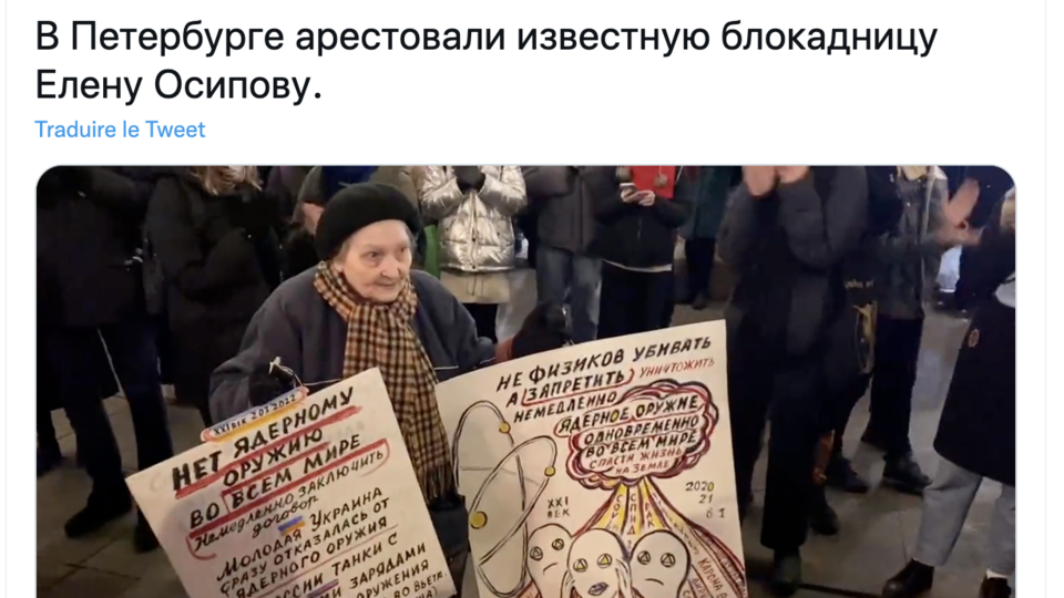 Guerre en Ukraine : La vidéo de l'arrestation d'une manifestante russe de 76 ans devient virale