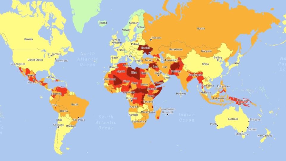 Sécurité : cette carte interactive recense les pays les plus dangereux, l'Ukraine classée en rouge foncé