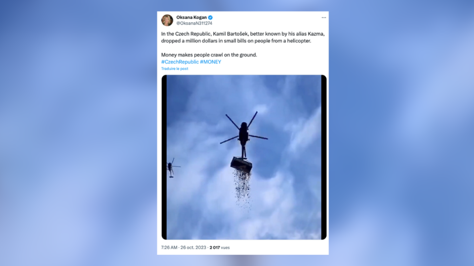 Une star de la télévision tchèque lance 900.000 euros depuis un hélicoptère, la vidéo devient virale (vidéo)