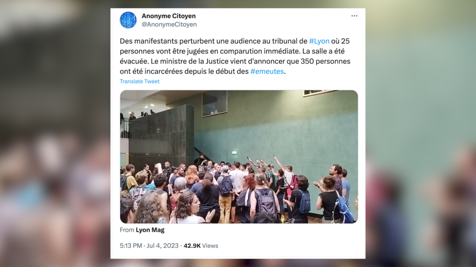 «Tout le monde déteste la police» : une salle d'audience qui jugeait des émeutiers évacuée à Lyon après l'intrusion de militants d'ultragauche