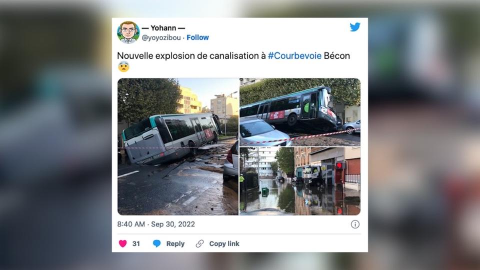 Courbevoie : un bus s'enfonce dans la chaussée après l'explosion d'une canalisation