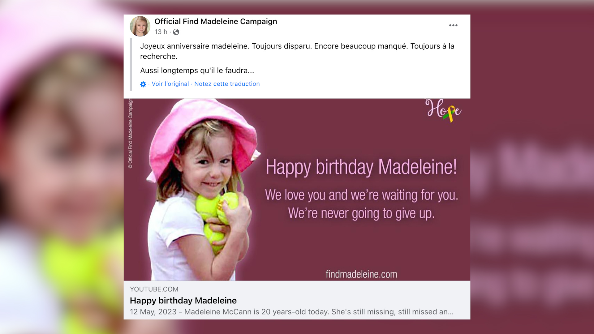 «Nunca nos rendiremos»: el emotivo mensaje de los padres de Maddie McCann por su 20 cumpleaños
