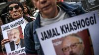 Des portraits du journaliste saoudien Jamal Khashoggi, lors d'une manifestation devant le consulat d'Arabie saoudite, le 9 octobre 2018 à Istanbul, en Turquie [OZAN KOSE / AFP]