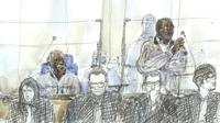 Croquis d'audience montrant les anciens bourgmestres rwandais Tito Barahira et Octavien Ngenzi, le 2 mai 2018, à la cour d'appel de Paris [Benoit PEYRUCQ / AFP/Archives]