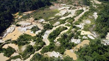 Vue aérienne d'un site d'exploitation orifère clandestin, en pleine forêt guyanaise, le 6 septembre 2007 [Jody Amiet / AFP/Archives]