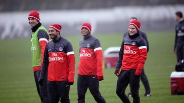 Les joueurs du PSG, avec de gauche à droite Zlatan Ibrahimovic, Ezequiel Lavezzi, Lucas Moura et Kevin Gameiro, à l'entraînement le 10 janvier 2013 au Camp des Loges. [Lionel Bonaventure / AFP]