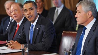 Le président Barack Obama et Chuck Hagel (d), le 28 octobre 2009 à Washington [Mandel Ngan / AFP/Archives]