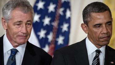 Chuck Hagel (g) et le président américain Barack Obama à la Maison Blanche, le 7 janvier 2013 [Brendan Smialowski / AFP]