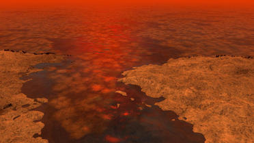 Une image de synthèse représentant ce à quoi pourrait ressembler la formation de glace à la surface des étendues liquides de Titan.