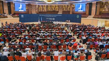 Le chef de la diplomatie américain John Kerry lors de son discours prononcé devant les représentants de 197 pays réunis pour la 28e Réunion des Parties au Protocole de Montréal, à Kigali au Rwanda le 14 octobre 2016. [CYRIL NDEGEYA / AFP]