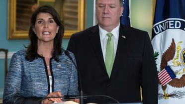 L'ambassadrice des Etats-Unis à l'ONU Nikki Haley et le secrétaire d'Etat américain Mike Pompeo à Washington le 19 juin 2018 [Andrew CABALLERO-REYNOLDS / AFP]