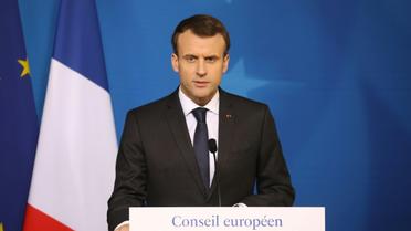 Emmanuel Macron lors d'une conférence de presse à l'issue d'un sommet européen à Bruxelles, le 23 mars 2018 [Ludovic MARIN / AFP]