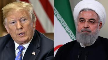 Le président américain Donald Trump le 18 juillet 2018 à Washington (gauche) le président iranien Hassan Rohani (droite) lors d'un discours télévisé le 2 mai 2018 à Téhéran [Nicholas Kamm, HO / AFP]