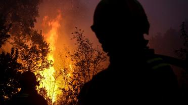 Des pompiers combattant l'incendie près de Monchique dans la région touristique de l'Algarve au Portugal regardent des arbres en flammes, le 8 oût 2018 [CARLOS COSTA / AFP]