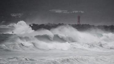 Des vagues géantes s'écrasent sur le littoral à l'approche du typhon Haishen à Makurazaki au Japon, le 6 septembre 2020 [CHARLY TRIBALLEAU / AFP]