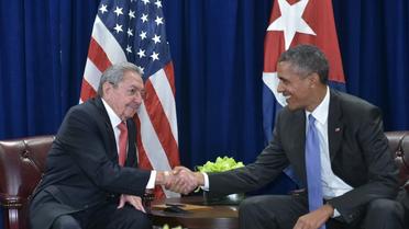 Le président cubain Raul Castro (g) et son homologue américain Barack Obama, à New York le 29 septembre 2015 [MANDEL NGAN / AFP/Archives]