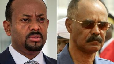Ce montage du 29 juin 2018 montre le Premier ministre éthiopien Abiy Ahmed (à gauche) et le président érythréen Issaias Afwerki.  [Sumy SADRUNI, ASHRAF SHAZLY / AFP/Archives]