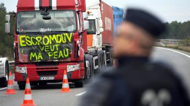 Des conducteurs de poids lourds manifestent contre l'écotaxe sur l'autoroute A55 à Chateauneuf-les-Martigues, le 2 décembre 2013 [Bertrand Langlois / AFP/Archives]