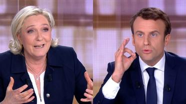 Captures d'écran avec Emmanuel Macron (D) et Marine Le Pen (G) lors d'un débat télévisé le 3 mai 2017 à La Plaine-Saint-Denis, près de Paris [STRINGER / AFP]