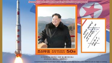 Photo non datée d'un timbre célèbrant le lancement du satellite Kwangmyongsong-4. Photo diffusée le 1er mars 2016 par l'agence nord-coréenne KCNA [KCNA VIA KNS / KCNA/AFP]