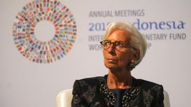 La directrice du Fonds monétaire international (FMI) Christine Lagarde lors d'une conférence à Bali, où FMI et Banque mondiale tiennent leur réunion annuelle [SONNY TUMBELAKA / AFP]