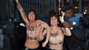 Des militantes Femen interpellées après avoir tenté de s'attacher aux grilles du palais de justice de Paris pour protester contre le rejet en appel de la demande de libération conditionnelle de Jacqueline Sauvage, le 25 novembre 2016 à Paris [JACQUES DEMARTHON / AFP]