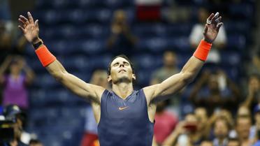 L'Espagnol Rafael Nadal savoure sa victoire face à l'Autrichien Dominic Thiem en quarts de finale de l'US Open, le 5 septembre 2018 à New York [EDUARDO MUNOZ ALVAREZ / AFP/Archives]