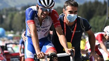 Le leader de la Groupama-FDJ Thibaut Pinot à l'arrivée de la cinquième étape du Critérium du Dauphiné, le 16 août 2020 à Megève [Anne-Christine POUJOULAT / POOL/AFP/Archives]