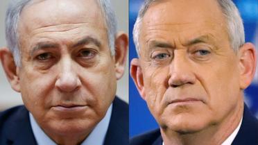 Montage photo du Premier ministre israélien Benjamin Netanyahu (à gauche, à Jérusalem le 9 décembre 2018) et de son adversaire Benny Gantz, ancien chef de l'armée (à droite, le 1er avril 2019 à Tel Aviv) [Oded Balilty, JACK GUEZ / AFP/Archives]