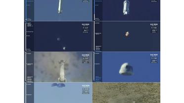 Montage d'images tirées d'une vidéo lors du 10e vol d'essai de la fusée New Shepard de Blue Origin, le 23 janvier 2019 au Texas [HO / BLUE ORIGIN/AFP]