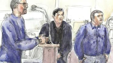 Croquis d'audience montrant Samuel Dufour (G), Esteban Morillo (C) et Alexandre Eyraud (D) lors de leur procès à Paris le 4 septembre 2018 [Benoit PEYRUCQ / AFP/Archives]