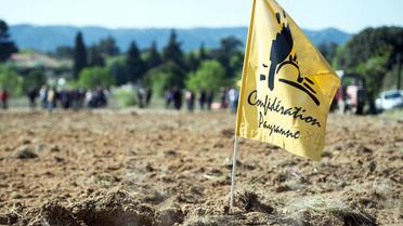 Drapeau de la Confédération paysanne dans un champ à l'abandon, le 17 avril 2014 [Bertrand Langlois / AFP]