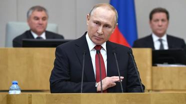 Le président russe Vladimir Poutine s'adresse à la chambre basse du parlement russe, la Douma, lors du débat sur sa réforme constitutionnelle, le 10 mars 2020 à Moscou [Alexey NIKOLSKY / SPUTNIK/AFP]
