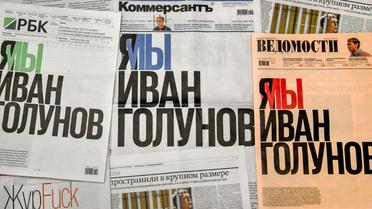 Les Unes de trois principaux journaux russes clamant "Je suis, nous sommes Ivan Golounov", le 10 juin 2019, en soutien au journaliste arrêté [Yuri KADOBNOV / AFP]