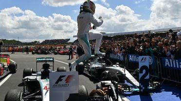 Le Britannique Lewis Hamilton saute de sa Mercedes après sa victoire au GP de Grande-Bretagne sur le circuit de Silverstone, le 10 juillet 2016 [ANDREJ ISAKOVIC / AFP]
