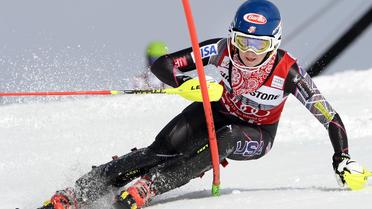 L'Américaine Mikaela Shiffrin pendant la 1re manche du slalom de Coupe du monde d'Äre le 8 mars 2014 [ / AFP]