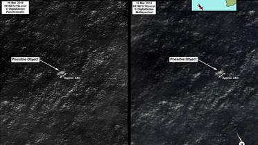 Photo-montage de deux images satellites en date du 16 mars 2014 et publiées le 20 mars 2014 par le ministère australien de la Défense, montrant deux objets, au large de l'Australie, qui pourraient être en relation avec le boeing de la Malaysia Airlines disparu [Australian Defence / Ministère australien de la Défense/AFP]