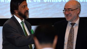 Le président du Giec Rajendra Pachauri (g) et le secrétaire général de l'organisation météorologique mondiale Michel Jarraud le 31 mars 2014 à Yokohama [Yoshikazu Tsuno / AFP]