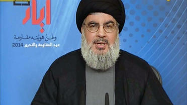 Capture d'écran du chef du Hezbollah, Hassan Nasrallah, lors d'une allocution télévisée sur la chaîne al-Manar, le 25 mai 2014 [- / Al-Manar/AFP]