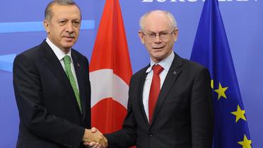 Le président du Conseil européen Herman Van Rompuy (d) accueille le Premier ministre turc Recep Tayyip Erdogan, le 21 janvier 2014 à Bruxelles [John Thys / AFP]