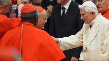 Le pape émérite Benoît XVI (d) est accueilli par les cardinaux pour participer au consistoire à la Basilique Saint-Pierre, au Vatican, le 22 février 2014 à Rome [Vincenzo Pinto / AFP]