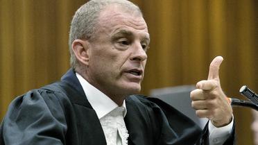 Le procureur Gerrie Nel lors de sa description peu flatteuse du champion paralympique sud-africain Oscar Pistorius, jugé pour le meurtre de sa petite amie, au tribunal de Pretoria le 10 avril 2014 [Marco Longari / AFP]