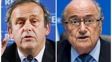 Une photo-montage représentant le président de l'Uefa Michel Platini (le 22 février 2014) et celui de la Fifa Sepp Blatter à droite (4 octobre 2013, deux protagonistes dans l'affaire de l'attribution du Mondial-2022 au Qatar [ / AFP/Archives]