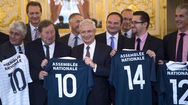 Des députés posent avec leurs maillots de l'"équipe de France de football des députés", à l'Assemblée nationale, le 4 juin 2014 [Martin Bureau / AFP]