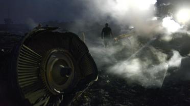 Un secouriste au milieu des décombres encore fumants de l'avion malaisien qui s'est écrasé le 17 juillet 2014 à Shaktarsk en Ukraine [Alexander Khudoteply / AFP]