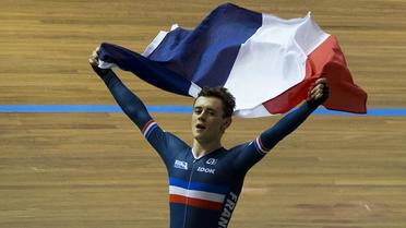 Thomas Boudat après sa victoire dans l'omnium aux championnats du monde de cyclisme le 1er mars 2014 à Cali  [Luis Acosta / AFP]