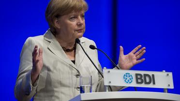 La chancelière Angela Merkel lors du congrès de la fédération allemande de l'industrie (BDI), le 25 septembre 2012 à Berlin [John Macdougall / AFP]